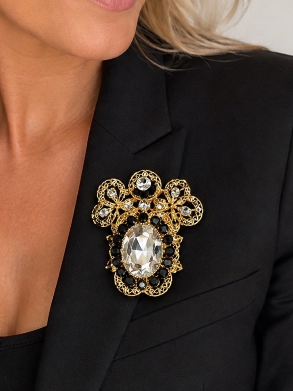 Gold and Clear Crystal Statement Brooch - Women's Fashion Jewelry